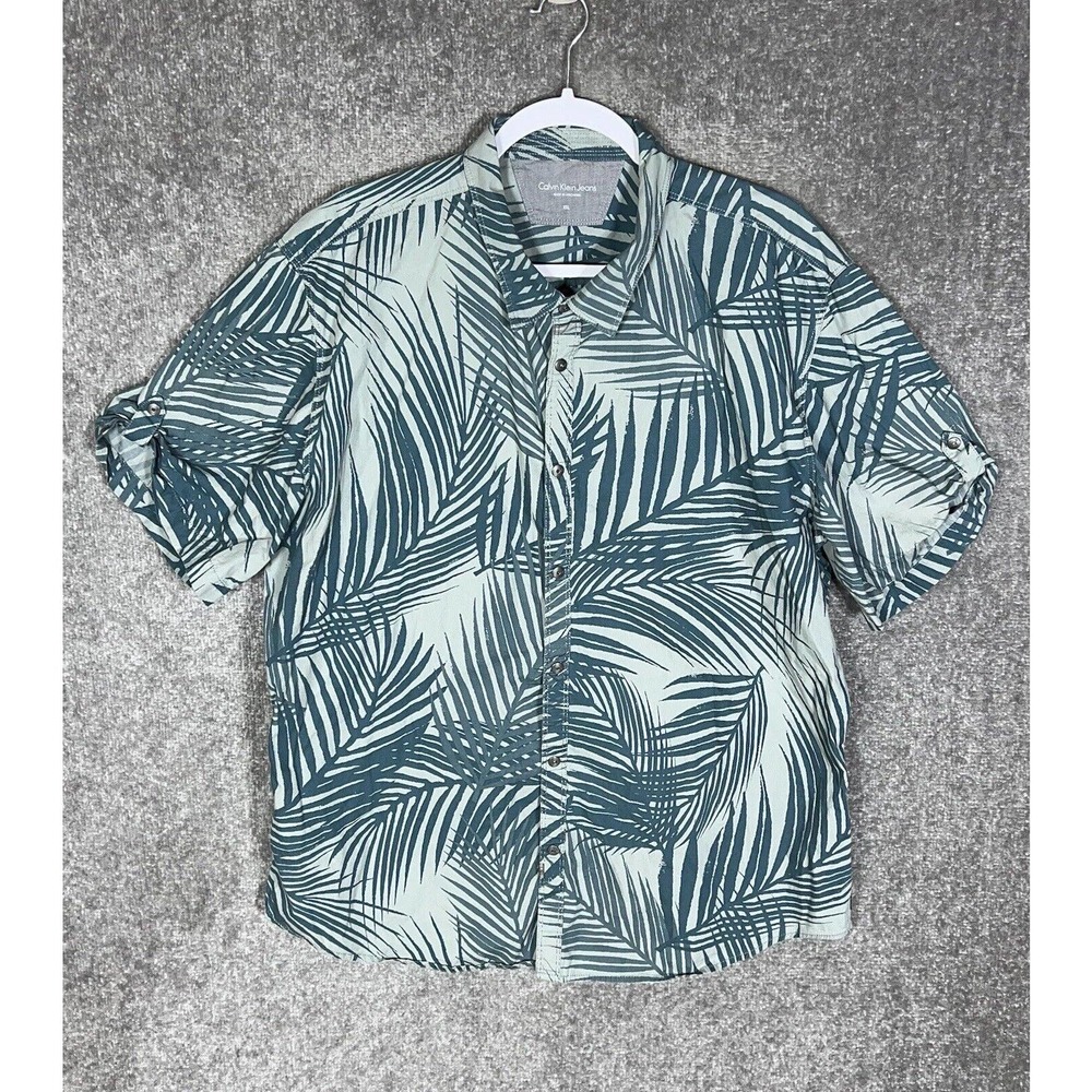 Calvin Klein Roll Tab Short Sleeve Snap Front Shirt Mens Size XXL Green Leaf